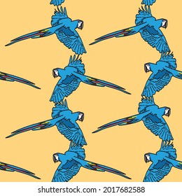 Pájaros tropicales de fondo naranja vectorial, loros, macao, gallinas exóticas. Fondo de patrón sin problemas