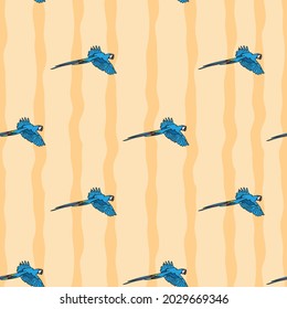 Vector orange background tropical birds, parrots, macaw, exotic cockatoo birds. Seamless pattern background