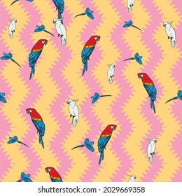 Vector orange background tropical birds, parrots, macaw, exotic cockatoo birds. Seamless pattern background