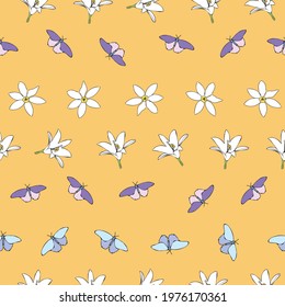 Vector orange background white flowers seamless pattern. Lilies, butteflies. Seamless pattern background