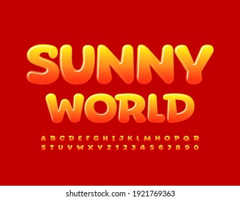 Banner naranja vectorial Sunny World. Fuente brillante brillante brillante brillante. Letras y números alfabetos modernos