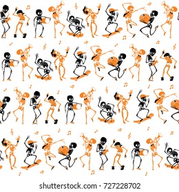 Vector orange, black dancing and skateboarding skeletons Haloween repeat pattern background. Great for spooky fun party themed fabric, gifts, giftwrap.