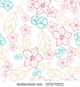 Vector orange blossom with red, turquoise flowers and leaves, white background, seamless pattern. Perfect for fabric, scrapbooking, wallpaper projects.	
