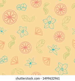 Vector orange blossom seamless pattern with green, red, turquoise flowers, leaves, orange slices, yellow background. Perfect for fabric, scrapbooking, wallpaper projects.
