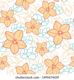 Vector orange blossom seamless pattern with yellow, red, turquoise flowers and leaves. Perfect for fabric, scrapbooking, wallpaper projects.