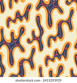 vector orange and blue freeform shape with dots seamless pattern on cream.