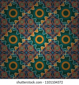 Vector orange, blue and green seamless background pattern with rhombuses.
