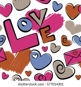Vector orange, blue and pink hearts, love letter and love text seamless pattern on white background. Multicolor seamless pattern on a white.