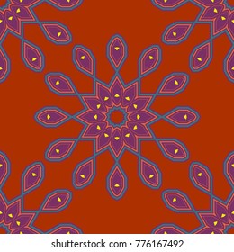 Vector orange, blue and purple ethnic floral seamless pattern. Abstract Mandalas ornamental pattern.