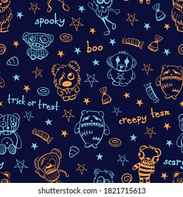 Vector orange blue teddies stars seamless pattern dark