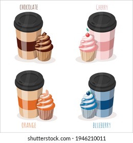 Vector orange blueberry chocolate cherry strawberry muffin cupcake with coffee ser