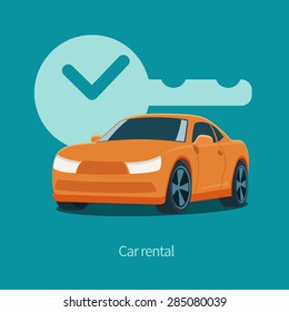 Vector orange car and key with clock illustration. Isolated on green background. Flat design style