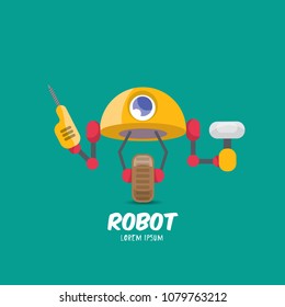vector orange cartoon cute flat robot icon torquoise on white. green funny robot logo design template