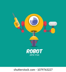 vector orange cartoon cute flat robot icon torquoise on white. green funny robot logo design template