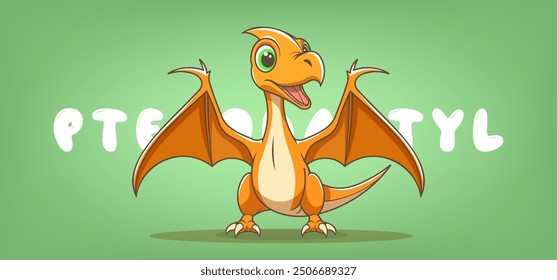 Vektor orange Cartoon niedlich lustig Baby pterodactyl mit ausgebreiteten Flügeln. Fossile uralte prähistorische Tontier. Fleischfressende Pterosaurier aus der Jura-Zeit. Fliegendes Reptil. Grüner Hintergrund.