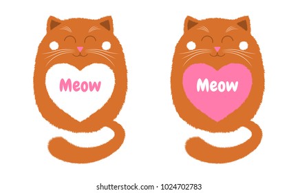 Vector Orange Cat in Cartoon Style. Funny Illustration of Sitting Orange Kitten with Closed Eyes, with White and Pink Heart-spot and Inscription Meow. Cute Thick Cat