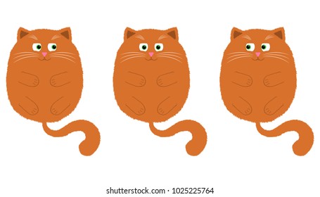 Vector Orange Cat in Cartoon Style. Funny Illustration of Orange Kitten with Green Eyes, Lying on the Back with Paws and Tail. Cute Thick Cat