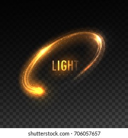 Vector orange circular light stream isolated on checkered transparent background. Glowing tracing neon light effect. Vector illustration. Luminous ellipse line. Illumination VFX