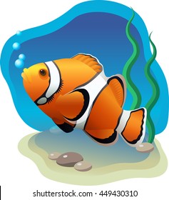 Vector orange clown fish swimming on the blue deep sea bottom