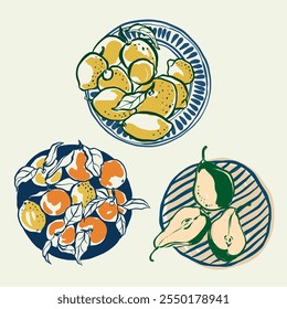 Vector orange composition with Mediterranean fruits on the plates of orange, lemon and pear. Hand-drawn set isolated on beige background. Tasty food for design, print, fabric or background.