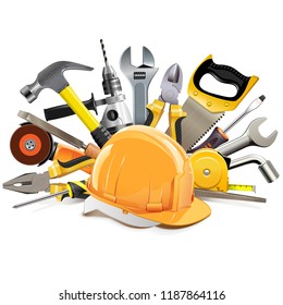 Vector Orange Construction Helmet With Hand Tools Isolated On White Background