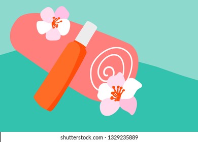 Vector Orange cotton towel and sunscreen body lotion in a orange tube on the background pool. Means for skin care, concept summer of relaxation and sun protection illustration