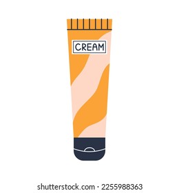 Vector orange cream tube in flat design. Beauty and skincare cosmetic. Daily routine. Tube of cream.