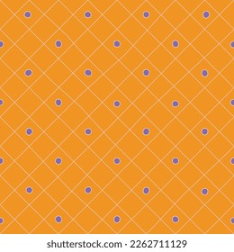 Vector naranja Dotted Lattice sin inconvenientes. Líneas accidentadas que corren diagonalmente sobre el patrón, rociadas con puntos púrpura. Parte de la colección Perfect Pajamas.