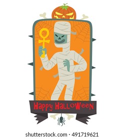 Vector orange emblem with thorns, web, pumpkin, bones, spider, banner and with cartoon image of funny mummy in white bandages with an ankh in hand on a white background. Inscription "Happy Halloween".
