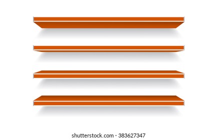 Vector orange Empty Shelf Shelves Isolated on Wall Background. Display Mock-up