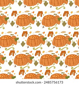 Vector orange falling pumpkins seamless repeat pattern background. Symbol of Halloween and Thanksgiving. Great for fall themed designs, invitation, fabric, packaging projects.