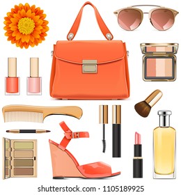 Vector Orange Female Accessories isolated on white background