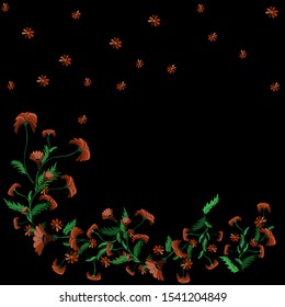 Vector orange flowers. Black background. For cards, content, greetings, banners, textiles, packaging and background. Hand drawn illustration vector graphic.