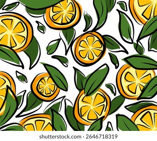 Vector of orange fruit with leaves for pattern motif and background