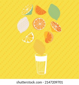 Vector orange fruit on juicy orange background. Composition of tropical fruits of citrus oranges. Design of ripe orange backdrop and citrus orange for packing jam, fruit marmalade, juices, cocktails