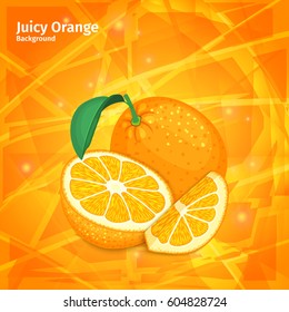 Vector orange fruit on juicy orange background. Composition of tropical fruits of citrus oranges. Design of ripe orange backdrop and citrus orange for packing jam, fruit marmalade, juices, cocktails.