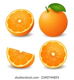 Vector orange fruit. Realistic illustration. There is a view of the whole orange, Side view, perspective view, and sliced ​​oranges.