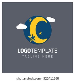 Vector Orange funny logo template. C logo for school and university. logo with stars and clouds on gray background with blue circle. vector logo illustration