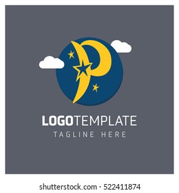 Vector Orange funny logo template. p logo for school and university. logo with stars and clouds on gray background with blue circle. vector logo illustration