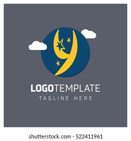 Vector Orange funny logo template. y logo for school and university. logo with stars and clouds on gray background with blue circle. vector logo illustration