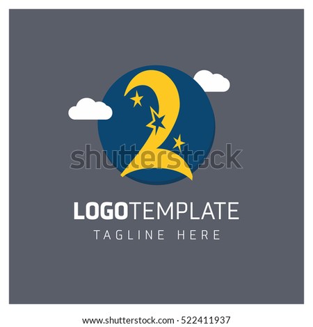 Vector Orange funny logo template. 2 logo for school and university. logo with stars and clouds on gray background with blue circle. vector logo illustration