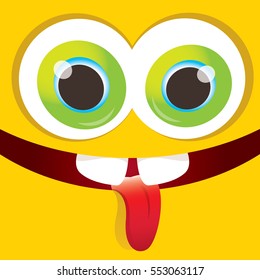 vector orange funny monster face. cartoon monster smiling face for kids background or greeting cards. kids hoodie or t-shirt vector graphic design creative template