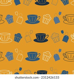 Té vectorial de jardín anaranjado teacu`ps y muffins diseño de fondo de patrón sin fisuras. Ideal para la tela, el papel pintado y la reserva de recortes