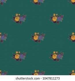 Vector orange, green and blue rose flowers seamless pattern.
