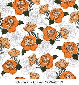 Vector orange and green colored roses with rose texture seamless pattern background on white surface. Great use for textile, wallpaper, wrapping paper etc.