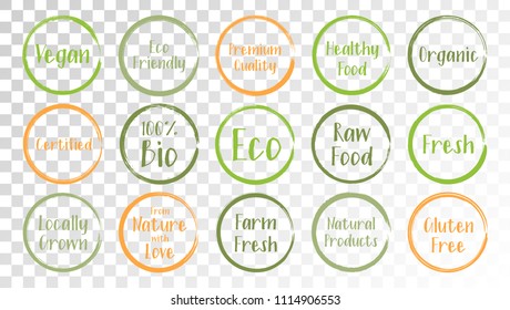 Vector orange green organic labels, eco stamps for restaurants menu, natural products packaging. Fresh raw food vegan gluten free eco premium quality locally grown organic certified food labels.