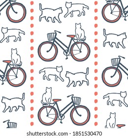 Vector orange grey bikes cats seamless pattern white