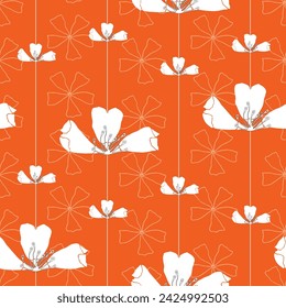 Vector orange Growing Upwards seamless pattern. Beautiful white flowers threaded on thin white vertical strings in front of five-petaled subtle background flowers. Part of First Floral collection.