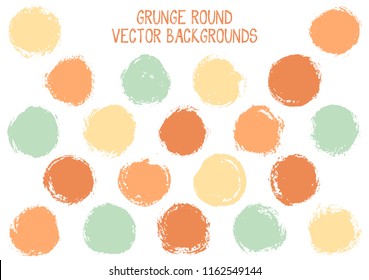 Vector orange grunge circles design. Hipster stamp texture circle scratched label backgrounds. Circular tag, chalk logo shape, round button elements. Grunge round shape banner backgrounds set.