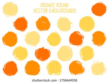Vector orange grunge circles isolated. Creative stamp texture circle scratched label backgrounds. Circular tag, chalk logo shape, round button elements. Grunge round shape banner backgrounds set.